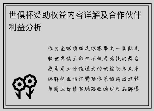 世俱杯赞助权益内容详解及合作伙伴利益分析
